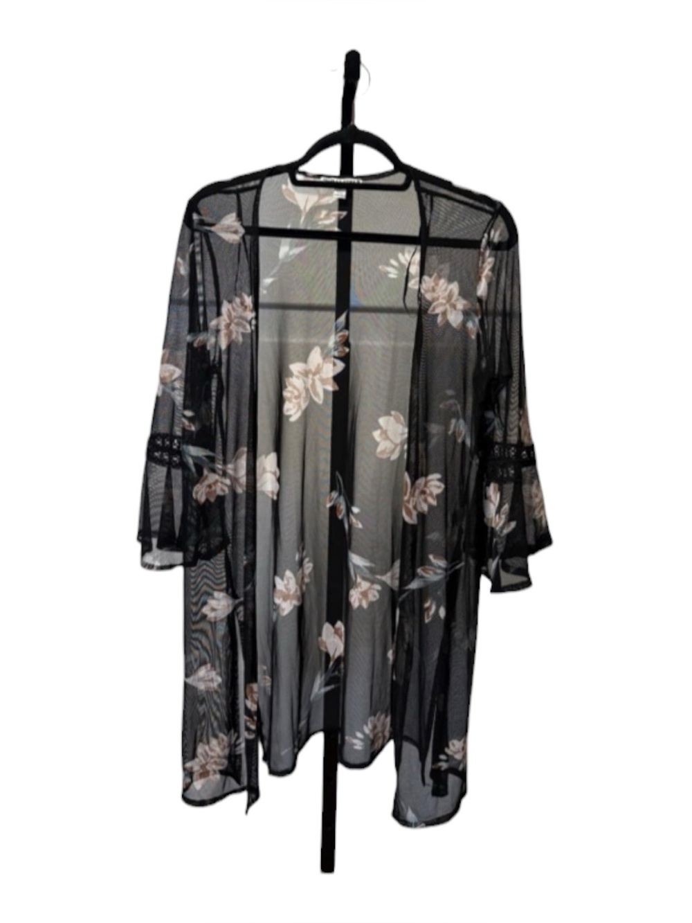 Moral Fiber Black Sheer Floral Kimono with Cream Blossoms
